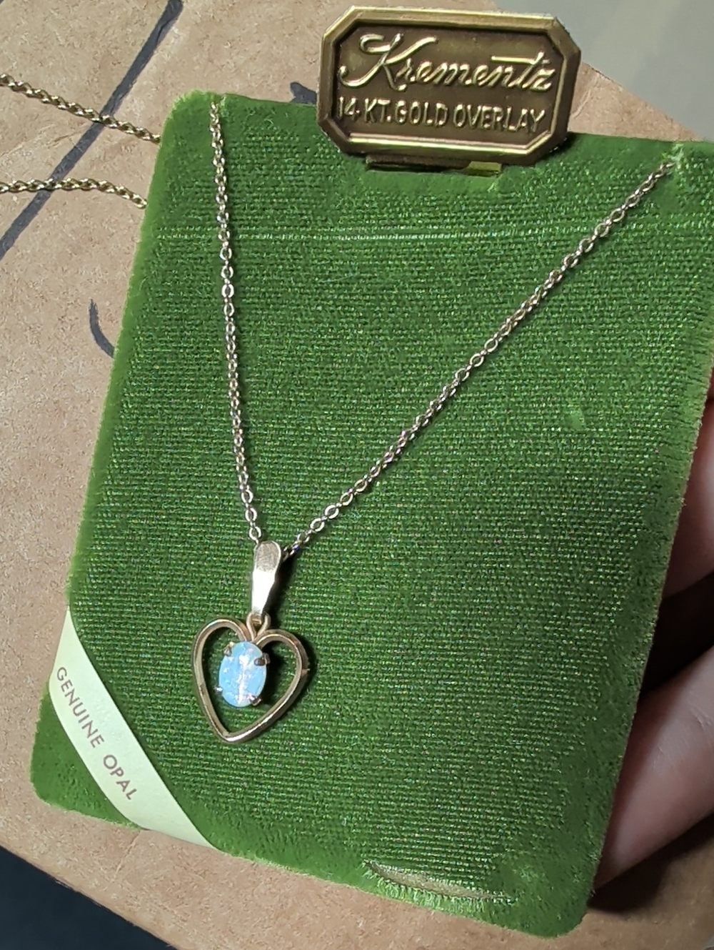 Vintage Krementz Opal Heart Necklace with 14K Gold Overlay - Picture 9 of 10